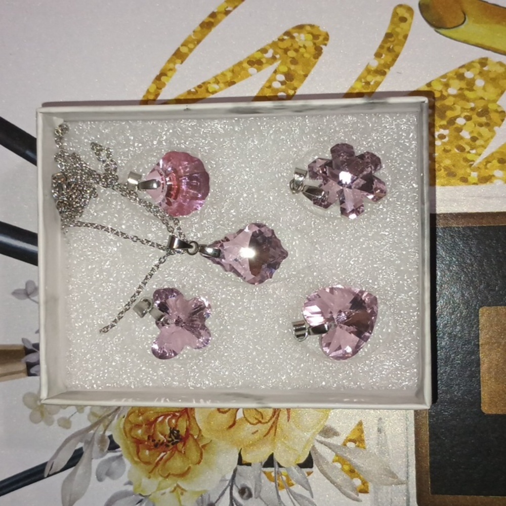 Pink Austrian Crystal Butterfly Star Shaped Pendants Necklace Set silver